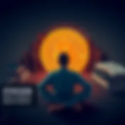 A person sitting calmly with a Bitcoin symbol and Stoic philosophy books around them, symbolizing a balanced investment approach.