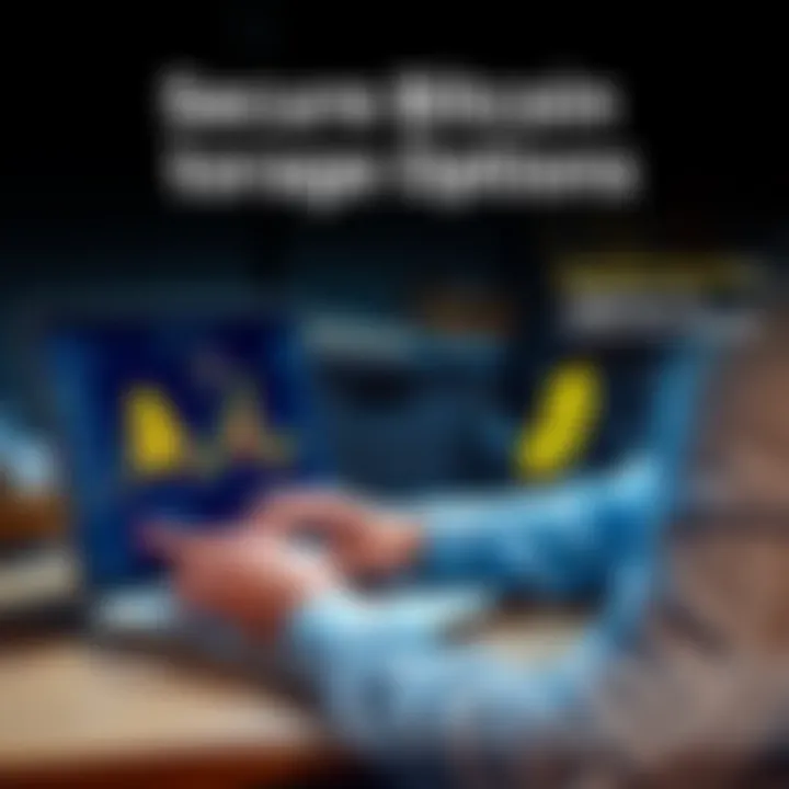 A beginner reviewing various secure methods to store Bitcoin on a laptop with a digital wallet interface visible