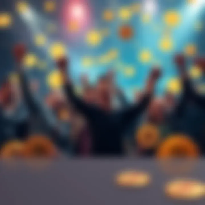 A group of happy people celebrating their financial success from stacking Bitcoin, with Bitcoin logos in the background.