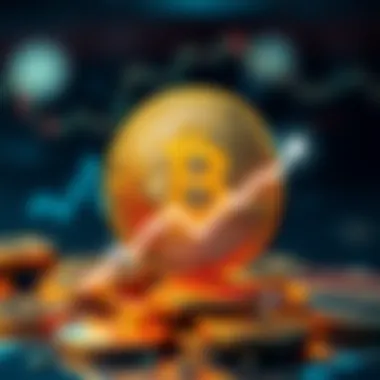 A graphic representation of Bitcoin's exchange supply decreasing, with a downward trend line and coins in the background.