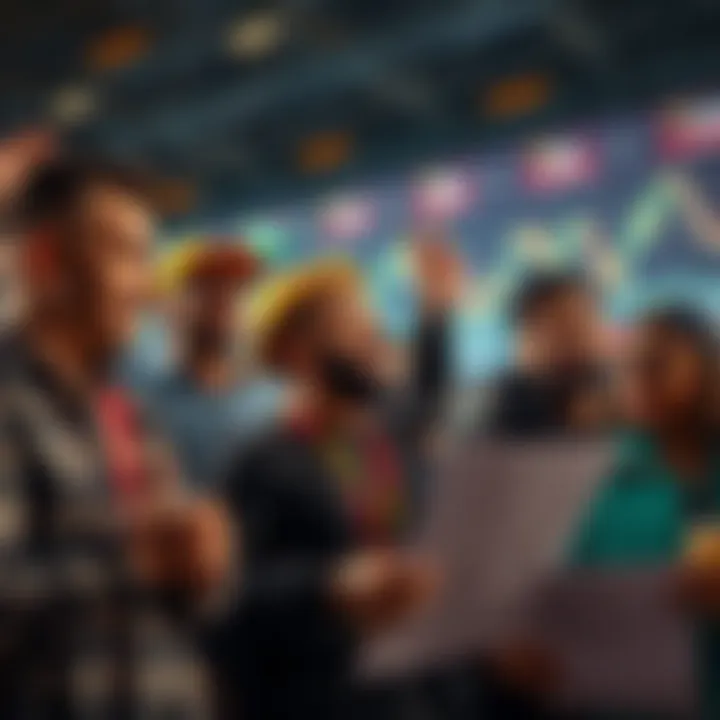 A group of Bitcoin supporters confidently discussing market trends while looking at charts and graphs, expressing resilience during fluctuations.