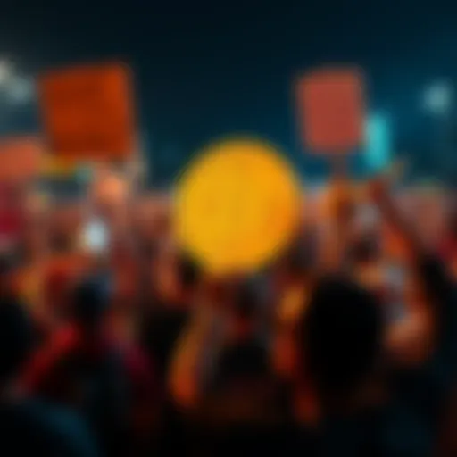 Bitcoin supporters display passion A group of enthusiastic Bitcoin supporters holding signs and banners at a rally, showcasing their strong belief in cryptocurrency as market values change.