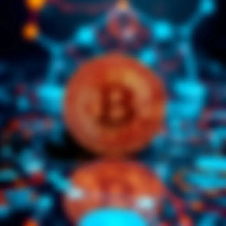 Bitcoin symbol with a representation of blockchain technology and digital currency elements in the background