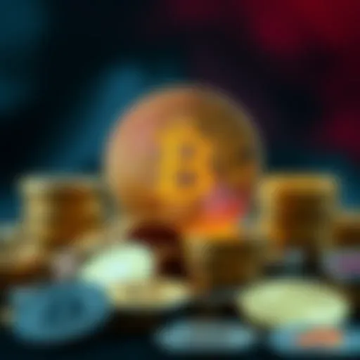 Bitcoin symbol and coins A visual representation of the Bitcoin symbol with physical coins stacked around it, symbolizing its role in finance