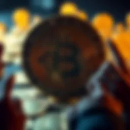 Bitcoin Symbol and Currency A prominent Bitcoin symbol with gold coins in the background, representing the rise of digital currency among a community of supporters.