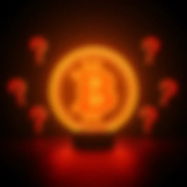 A glowing Bitcoin symbol surrounded by question marks, representing uncertainty in the cryptocurrency market.