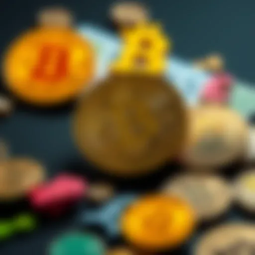 A visual representation of Bitcoin symbols alongside traditional currency icons, illustrating Bitcoin's roles as investment, currency, and store of value.