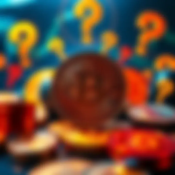 A graphic showing Bitcoin symbols surrounded by question marks, representing different conspiracy theories about its creation.