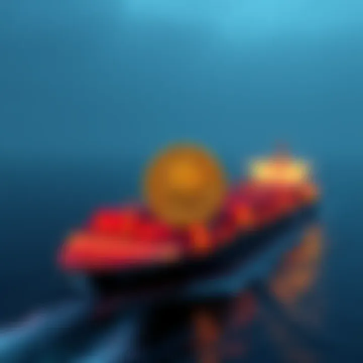 A fully loaded tanker passing through the Strait of Hormuz with a digital Bitcoin sign, representing new toll payment regulations