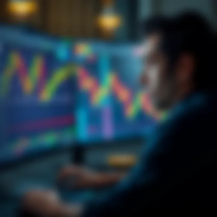 A person looking at a computer screen displaying volatile Bitcoin prices, showing green and red candlestick charts with a worried expression.