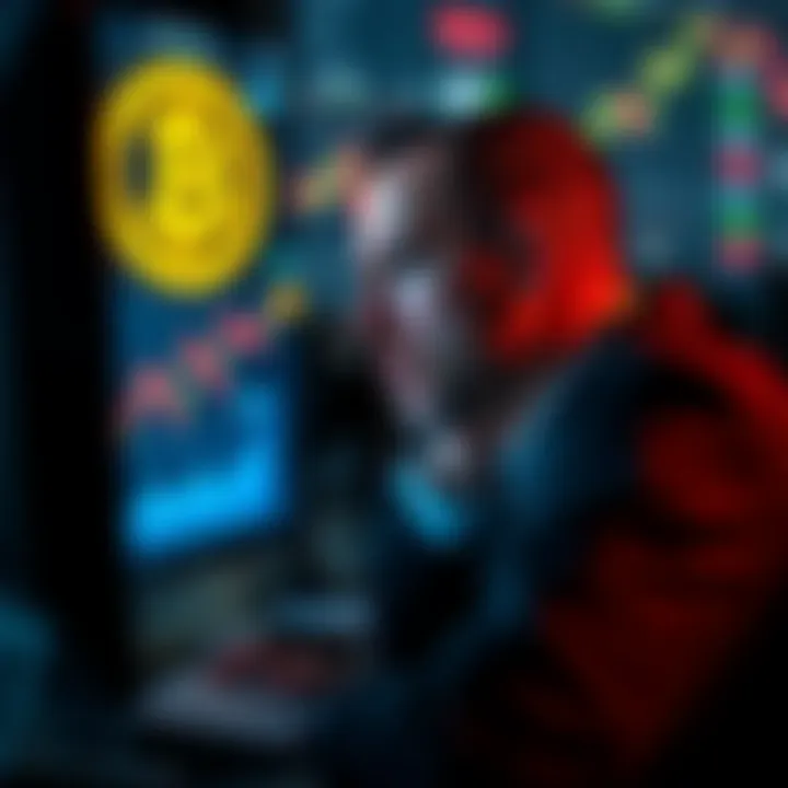 A trader looks distressed while monitoring a screen showing Bitcoin prices dropping sharply, indicating a major financial loss.