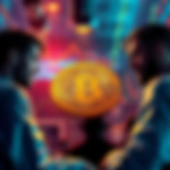 Traders gather around a Bitcoin symbol as they discuss the decline of altcoins and the stability of Bitcoin in the market.