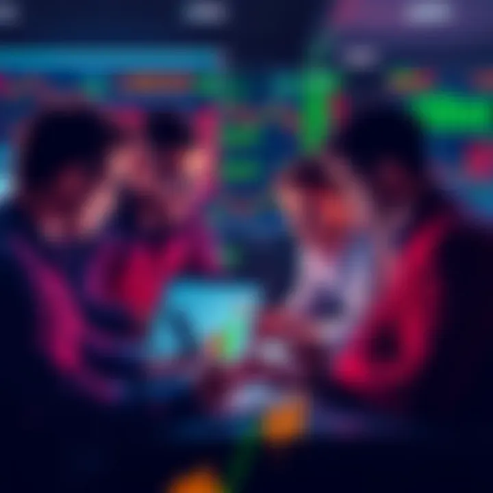 A group of Bitcoin traders reviewing charts and data on their laptops, expressing concern over market fluctuations.