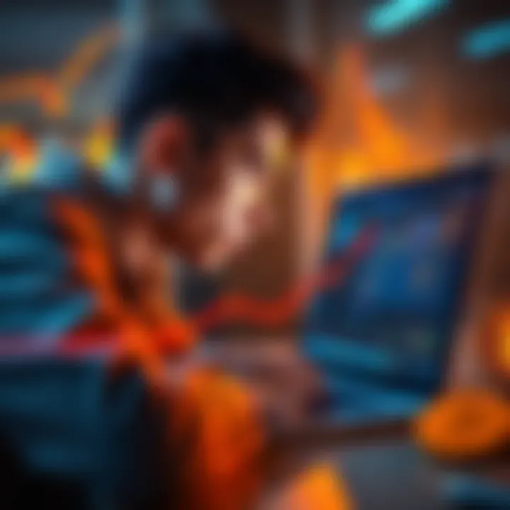 Bitcoin Trading A beginner looking at a laptop screen showing Bitcoin price charts and market trends, contemplating an investment decision.