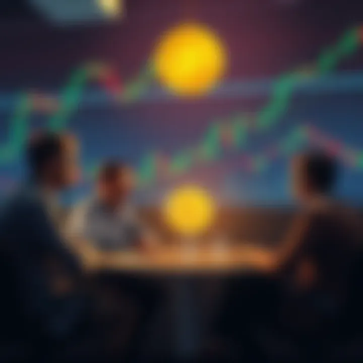 Investors discussing whether to hold or trade Bitcoin, with charts and graphs in the background showing market trends.