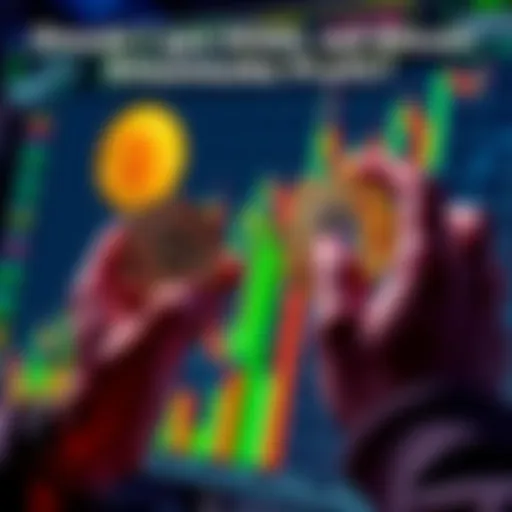 A person holding Bitcoin coins and looking at a graph showing price changes, contemplating whether to sell or hold their investment.