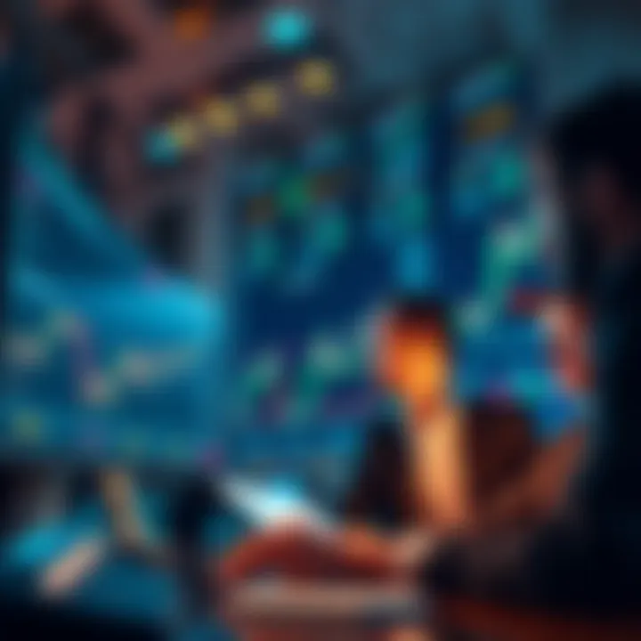 A group of investors looking at Bitcoin charts on a screen, discussing market trends, and analyzing data