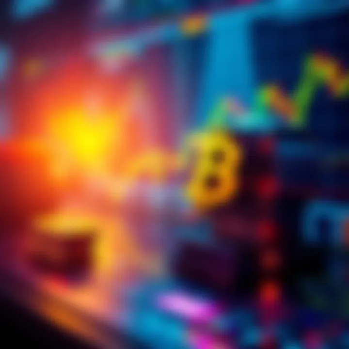 An illustration of an AI algorithm analyzing Bitcoin market trends with graphical data and charts in the background.