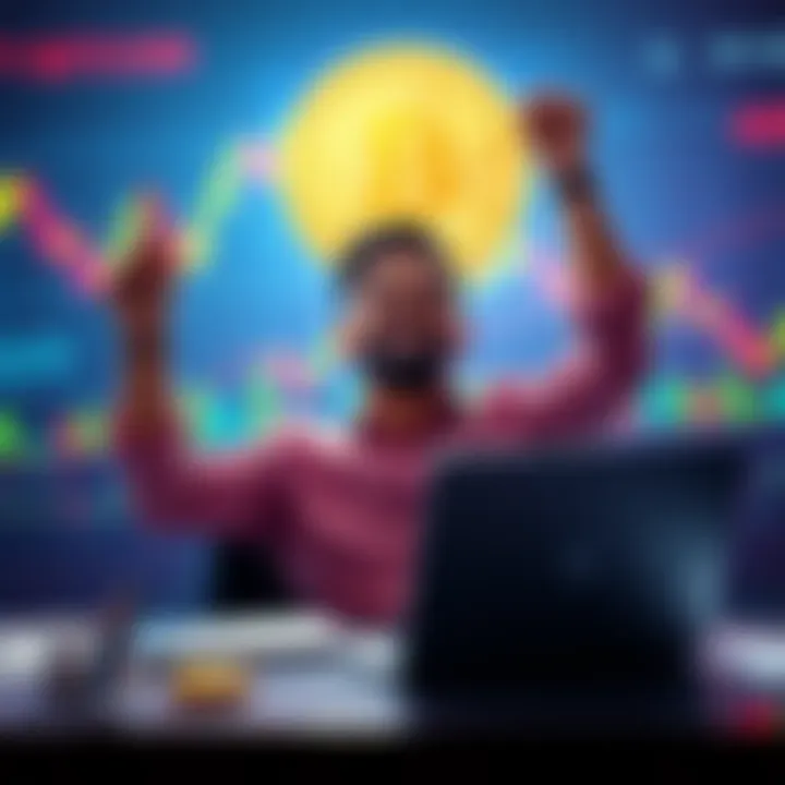 A person celebrating a successful Bitcoin trade with a laptop and financial charts in the background.