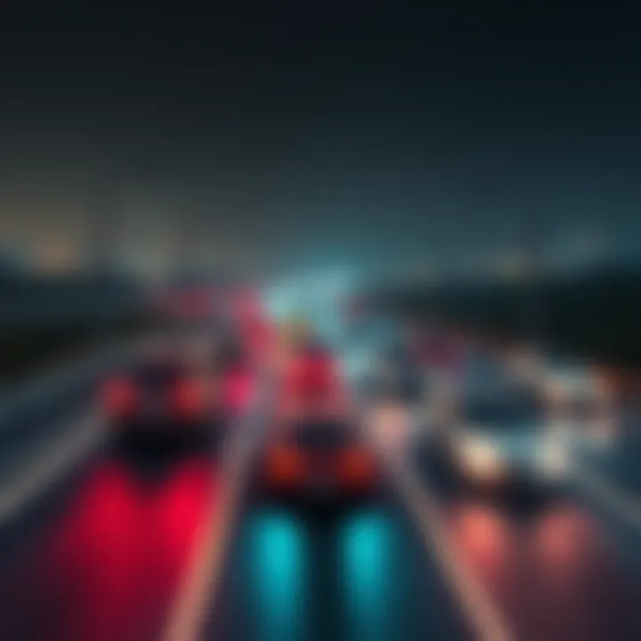 Colorful cars representing Bitcoin transactions driving on a highway, illustrating the flow of data in the TxRush mempool visualizer.