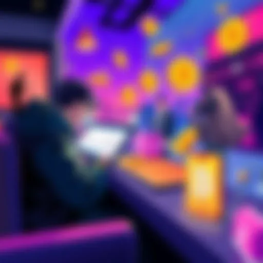 A digital illustration showing people making online payments with Bitcoin on various platforms including Lucky Rollers.
