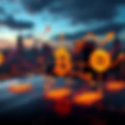 A graphic showing Bitcoin symbols and arrows representing transactions, with a backdrop of a city skyline symbolizing government oversight.