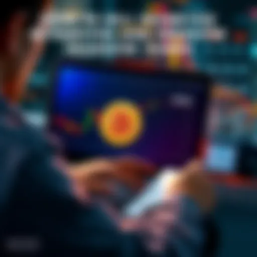 A person selling Bitcoin on a laptop while viewing a bank account balance increasing