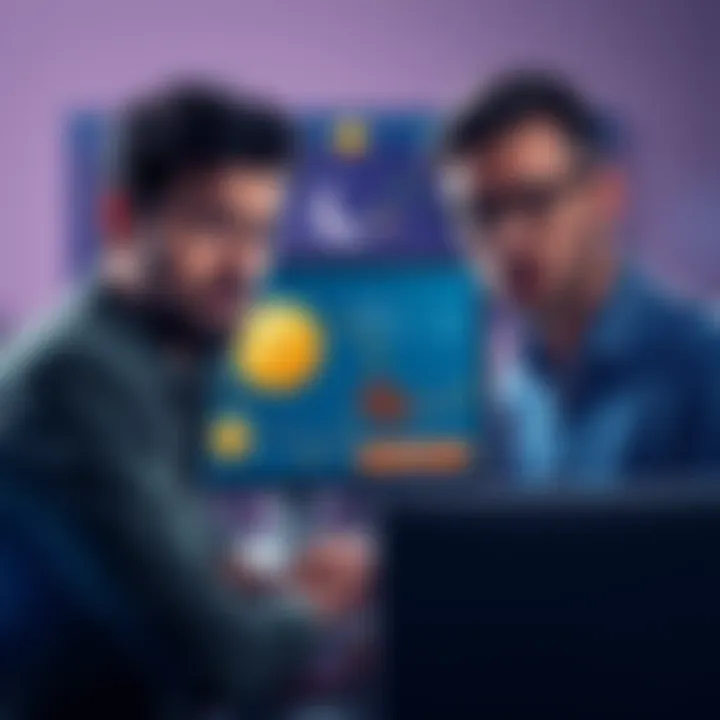 Bitcoin transfer confusion Two friends looking puzzled over a computer screen showing a Bitcoin transfer on MoonPay, with graphics of Bitcoin and wallets around them.