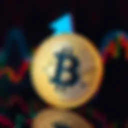 A close-up of a Bitcoin coin with an upward arrow in the background, symbolizing positive market trends.
