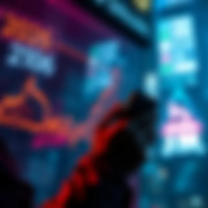 A graph showing Bitcoin price trends with a downward slope, indicating a bear market, alongside a person looking at their phone contemplating a purchase.