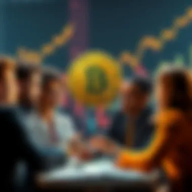 A diverse group of people discussing Bitcoin, with charts and graphs showing growth in the background.