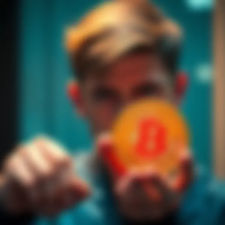 A person looking concerned while holding a Bitcoin symbol, representing trust issues with digital currency.