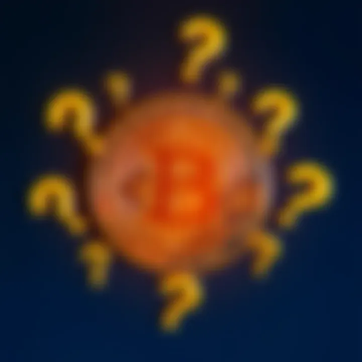 A Bitcoin symbol surrounded by question marks, representing uncertainty about its future.