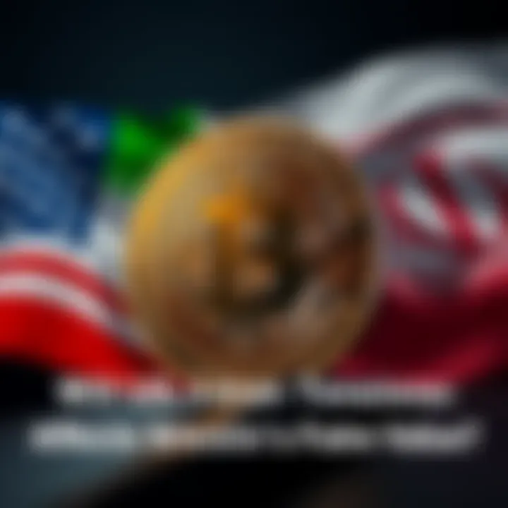 Bitcoin symbol with flags of the US and Iran in the background representing geopolitical tensions