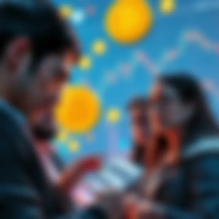 A group of people looking confused while examining Bitcoin symbols and charts, showing a lack of understanding about cryptocurrency