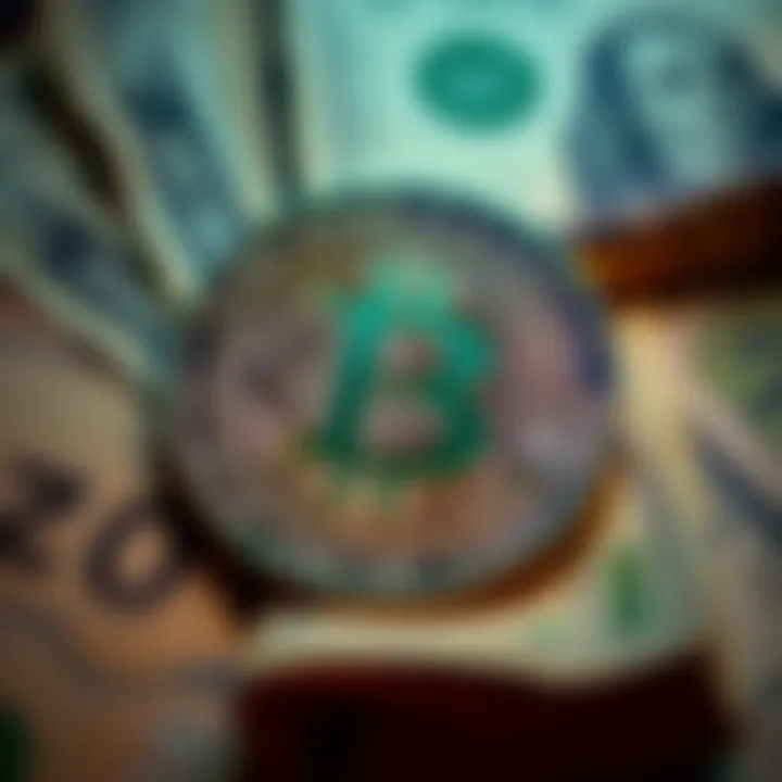 Graphic showing Bitcoin symbol with a background of traditional money notes, highlighting trust and decentralization.