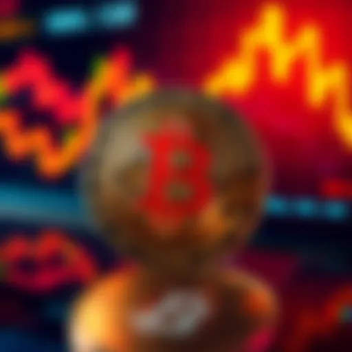 A visual representation of Bitcoin's value with a digital coin and fluctuating graphs in the background.