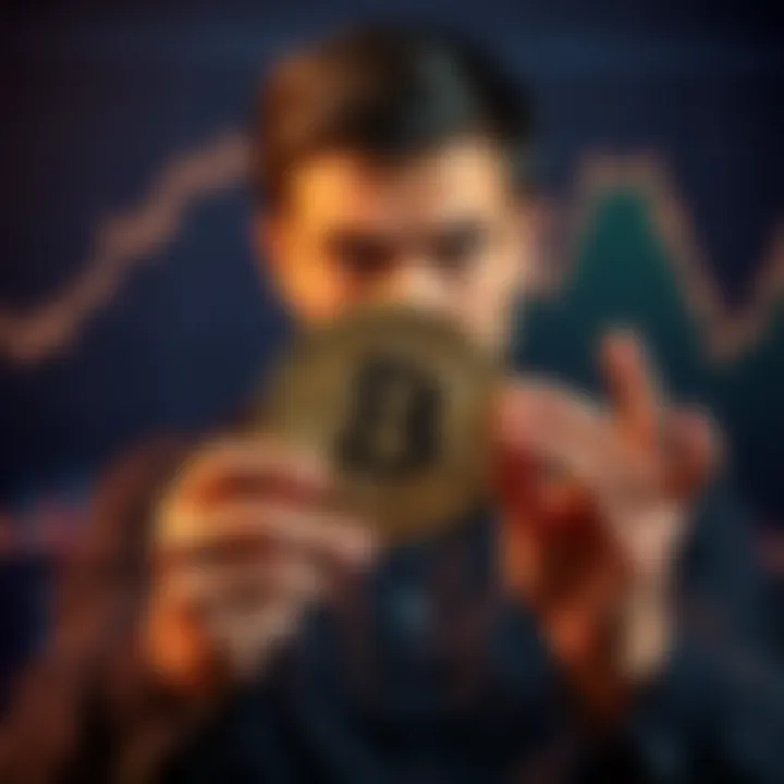 A person looking concerned while holding a Bitcoin symbol, with graphs showing a downward trend in the background.