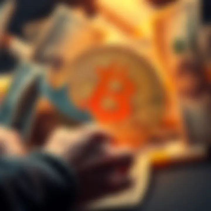 A Bitcoin symbol with a downward trend arrow representing the drop in value, surrounded by dollar bills and a determined investor holding tight to their investment.
