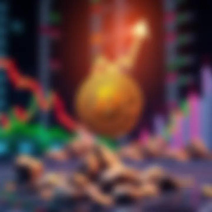 Graphic showing a rising Bitcoin symbol with a background of fluctuating stock market charts.