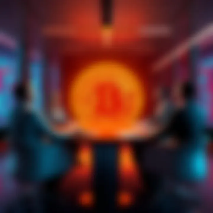 A group of Bitcoin experts discussing the implications of freezing Satoshi Nakamoto's bitcoins over quantum threats in a modern conference room.
