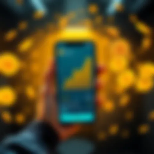 Bitcoin Vault Launch A person excitedly holding a smartphone showing Bitcoin Vault app with a rising graph and Bitcoin coins around