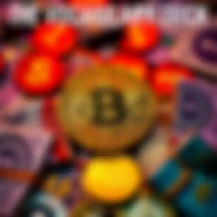 Words associated with Bitcoin like cash and coins with a background of traditional money symbols