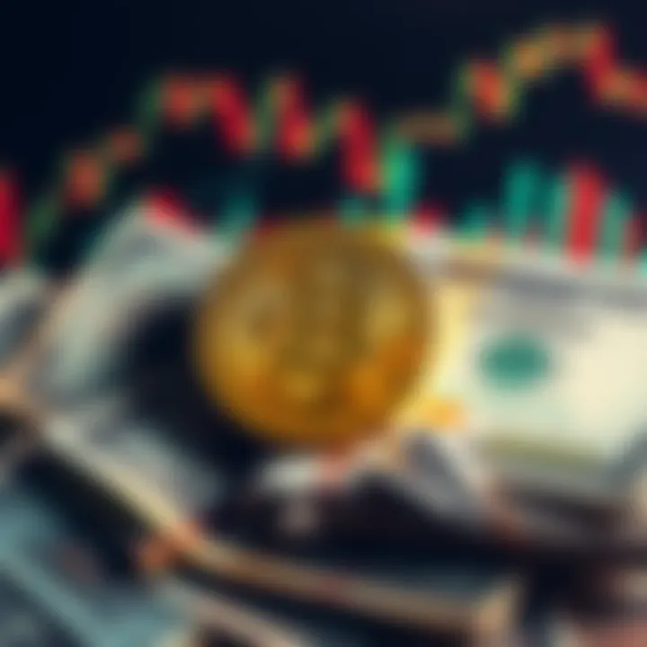 A visual representation of Bitcoin and fiat currencies competing against each other amidst rising inflation, showcasing a digital coin alongside traditional currency notes with a backdrop of fluctuating graphs.