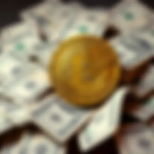 A Bitcoin symbol resting on a pile of dollar bills, representing the debate between cryptocurrency and traditional finance.