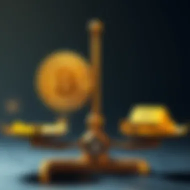 A visual comparison of Bitcoin and Gold as investment options, featuring a Bitcoin symbol and a gold bar on a balance scale.