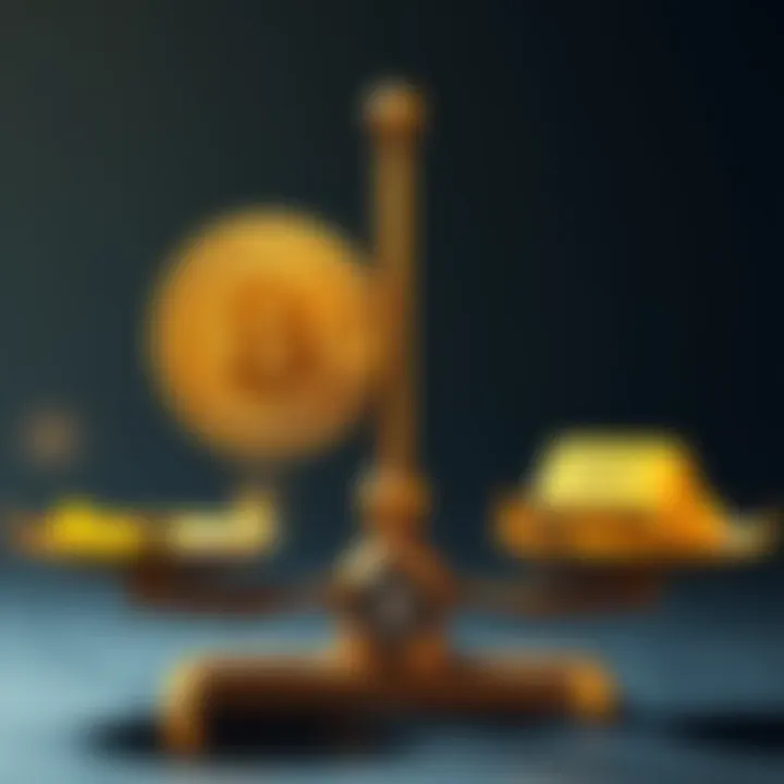 A visual comparison of Bitcoin and Gold as investment options, featuring a Bitcoin symbol and a gold bar on a balance scale.