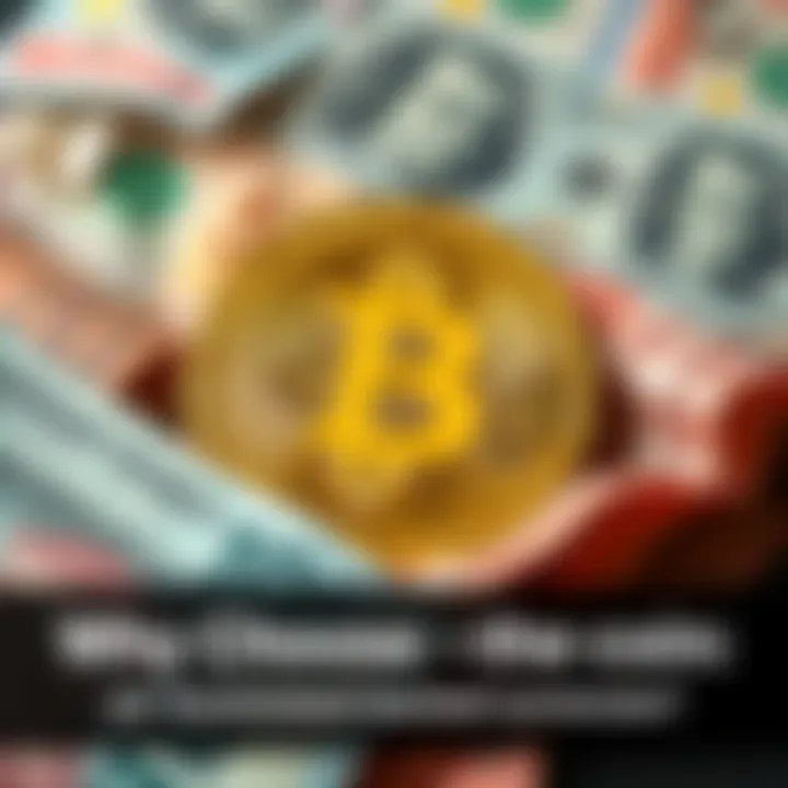 A Bitcoin symbol surrounded by traditional banknotes representing the choice between Bitcoin and government-backed currencies.