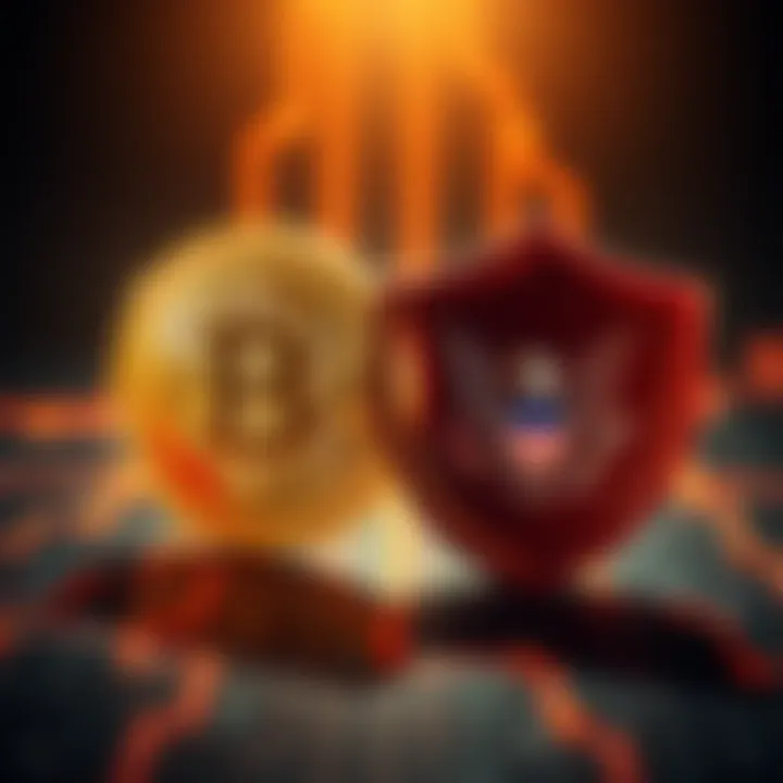 A visual comparison of Bitcoin's encryption technology and US classified security systems, showing a digital lock icon alongside a government shield symbol.