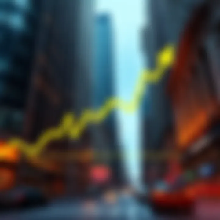 Bitcoin Growth on Wall Street A stock market graph showing Bitcoin's price increase with Wall Street buildings in the background.